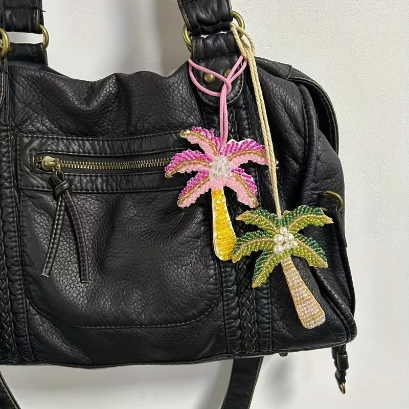 Light Luxury Coconut Tree Pendant Keychain Beaded Coconut Tree Cloth Stickers Clothing Keychains Bags Hanging Accessories