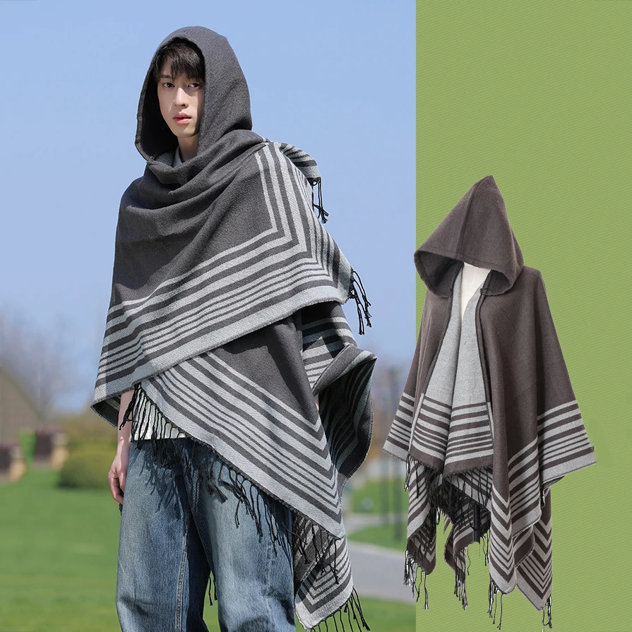 

Fashion Stripes Faux Cashmere Cape Hooded Outerwear Big Poncho Unisex Autumn Winter Coat Travel Camping Shawl Hoodie Cloak