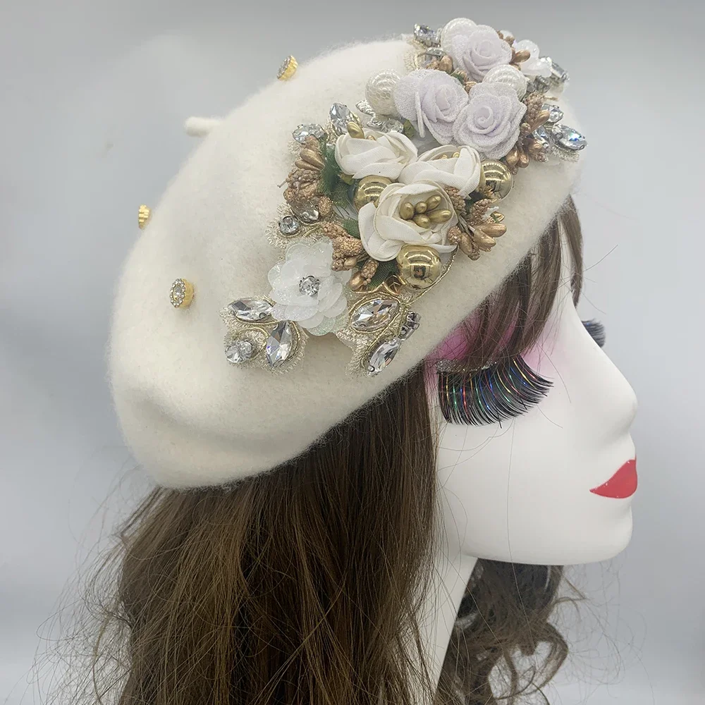 

Winter Autumn Flower Diamonds Women's Beret Warm Wool Lady Berets Pumpkin Cap Vintage French Painter Hat Female Daily Wear