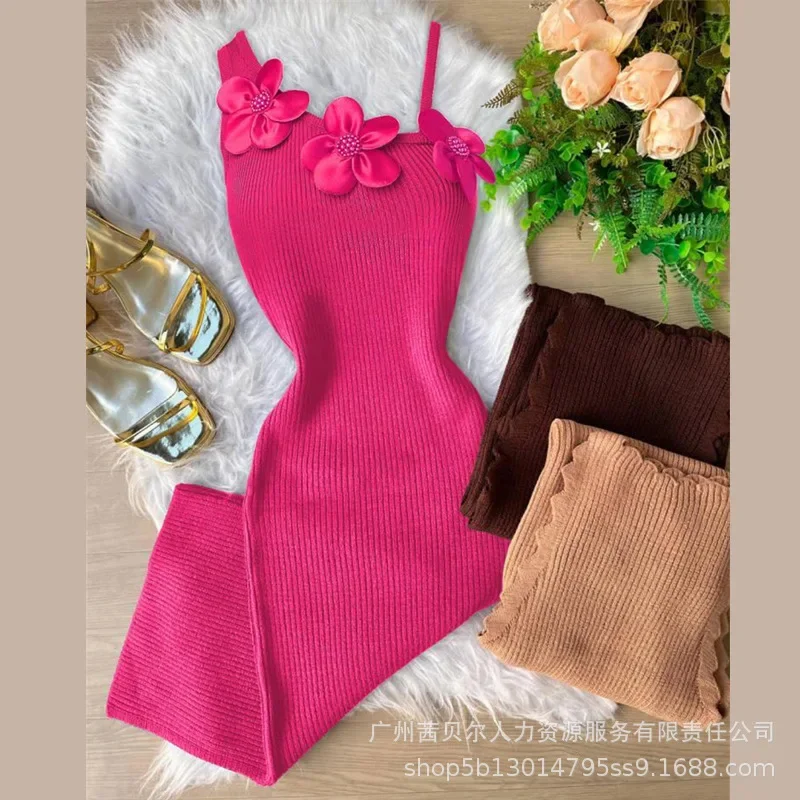 Slim-fit Woolen Dress High Waist Solid Color Sexy Sweaters Dress Women Sleeveless Flower Camis Tops Bodycon Knitted Dresses