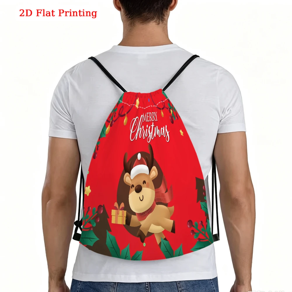 Cartoon 2D Flat Printed Merry Christmas Reindeer Drawstring Backpack Fitness Sports Bag Outdoor Travel