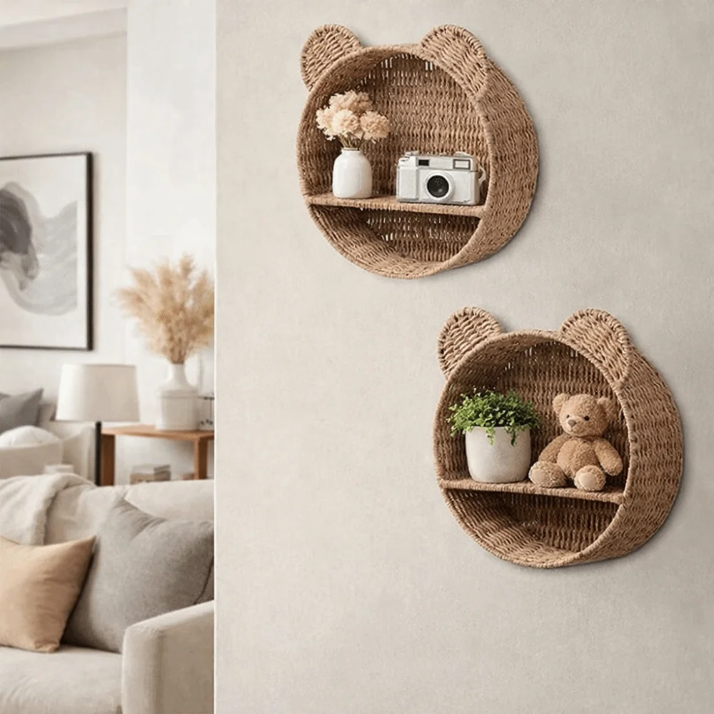 2 Tier Bear Ear Wall Mounting Shelf Handmade Cute Plant Display Storage Rack Decorative Imitation Rattan Storage Rack Kitchen