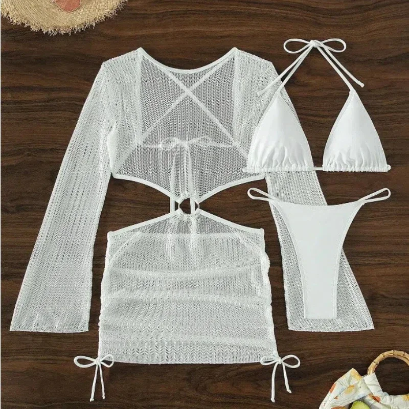 Sexy 3 Pieces Set Swimwear Women Mesh Cut-out Drawstring Cover Up Dress Micro Bikini White Swimsuit Beachwear Bathing Suit Korea