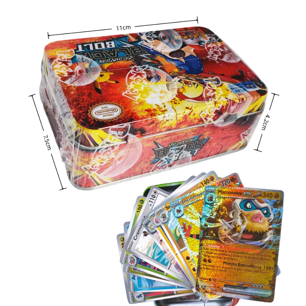 Boîte métallique en fer noir et blanc, 42 pièces/ensemble, jouet de combat Pokemon, origine perdue, boîte Pokemons avec jeu Pikachu, cartes bancaires Anime pour enfants