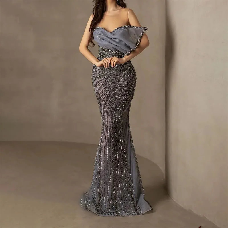 

Luxury Sequined Prom Dresses Floor Length Sleeveless Saudi Arabic Women Mermaid Floor-Length Evening Gowns Custom Made