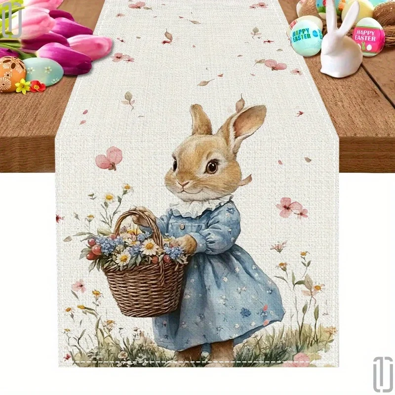 

1pc Holiday Easter Table Runner - Linen 2D Print Bunny & Floral Design for Kitchen Dining Room Decor, Ideal for Family Gathering