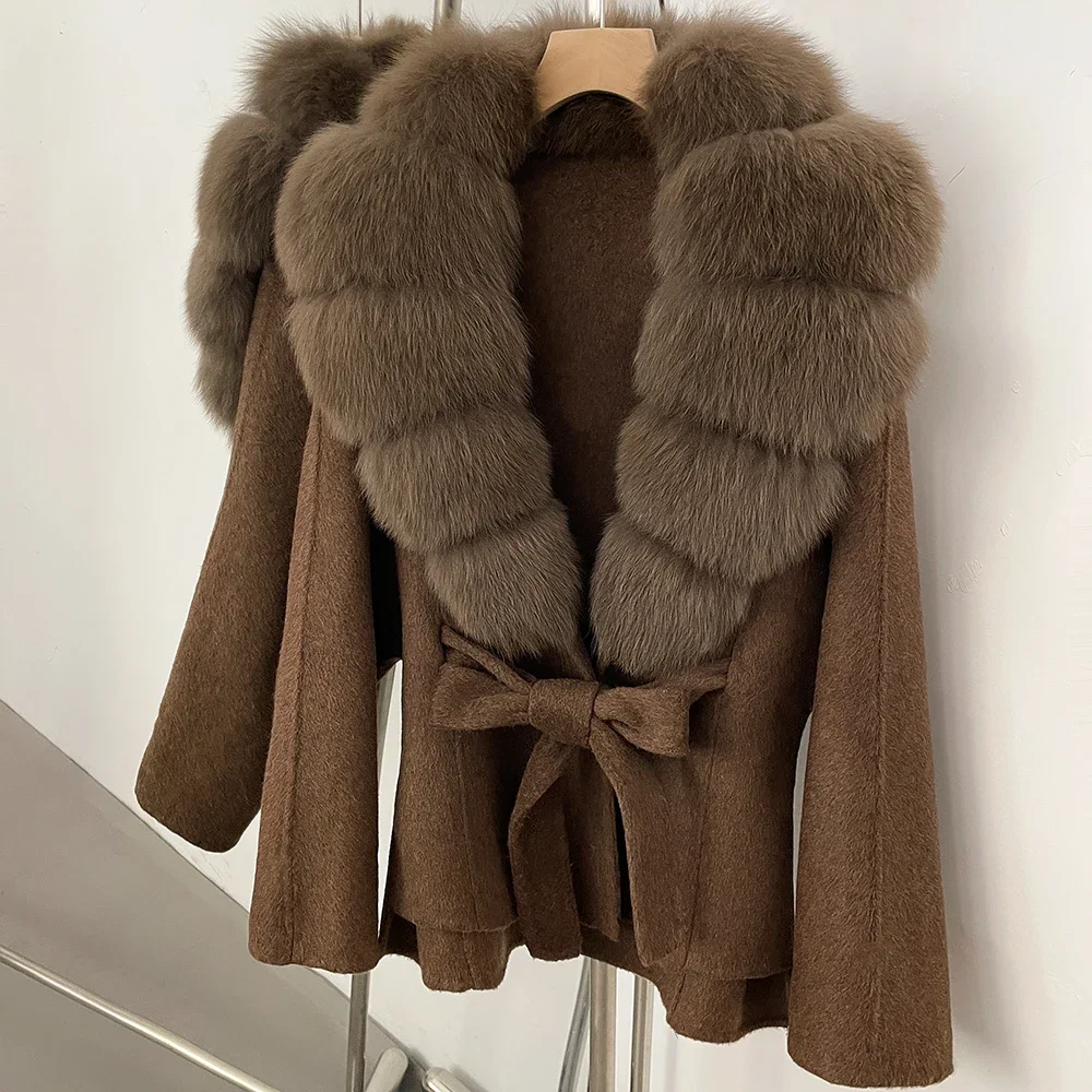 OFTBUY Neue Winterkleidung für Damen, Luxuriöser Kurzer 100% Wollmantel mit Natürlichem Pelzkragen, Warmem Gürtel und Echtem Fuchspelz, Wolljacke für Damen – Detail 8
