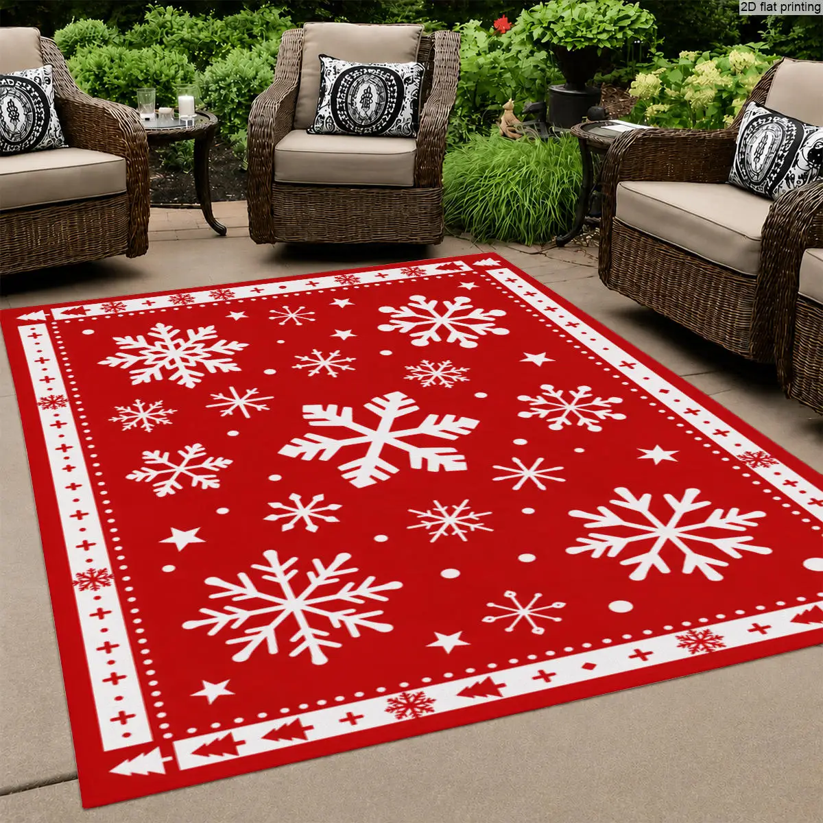 1pc Large Red Background Christmas Rug with White Snowflakes, Stars & Tree Pattern, for Living Room, Bedroom, Festive Home Decor