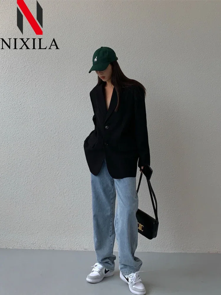 Damen Loose-Fit Schwarze Anzugjacke Vintage Casual Streetwear Blazer Oberbekleidung Mode Herbst Wintermantel