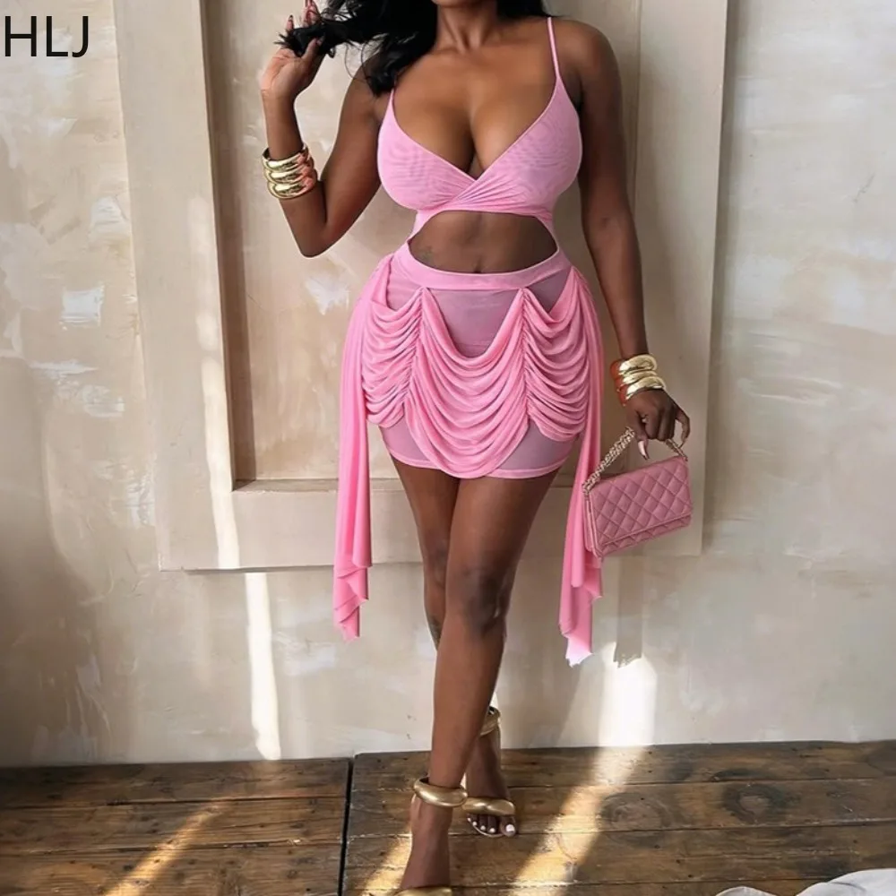 

HLJ Spring New Sexy Ruched Patchwork Dresses Woman Spaghetti Strap Halter Sleeveless Backless Dress Female Streetwear Vestidos