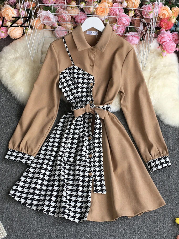 New Women Elegant Shirt Dress Spring Summer Patchwork Houndstooth Vintage Dresses Ladies A Line Bandage Dress Short Robe