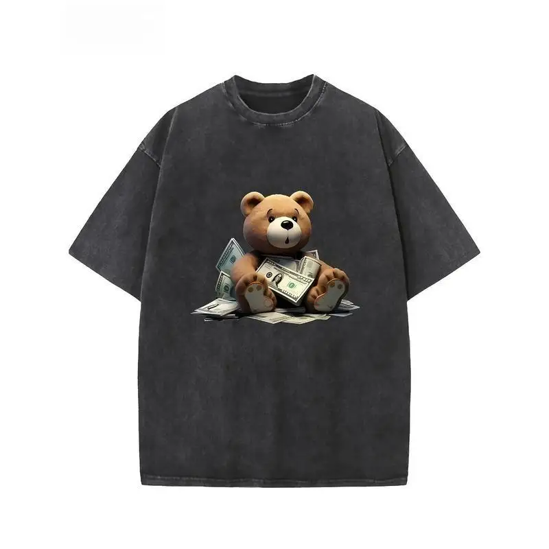 

Streetwear Graphic T-Shirt Unisex Cute Bear with Money Print Vintage Hip Hop Style Oversized Casual Top S-2XL