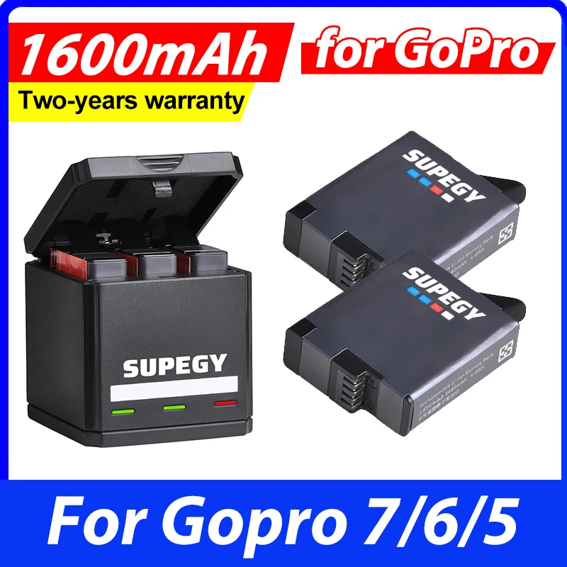 SUPEGY for GoPro Hero7 Hero6 Hero5 Battery Akku 1600mAh + USB Triple Charger Type C for GoPro Camera Batetry Accesories