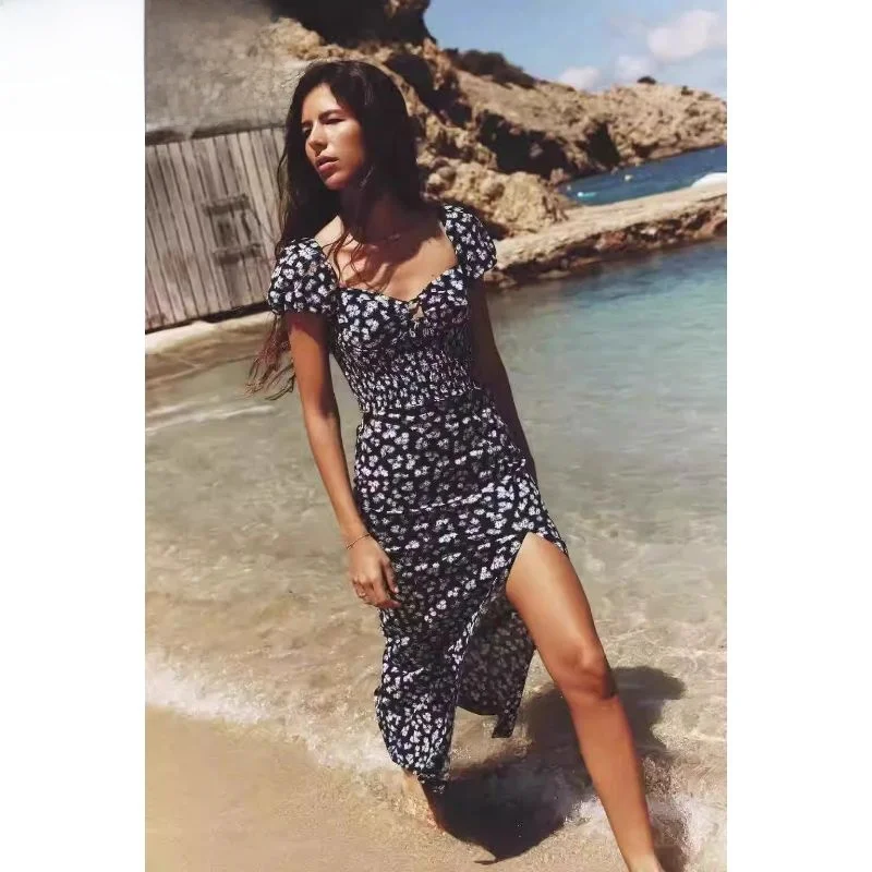 2024년 여름 신상 여성용 롱 프린트 드레스 V넥 플로럴 디자인 린넨 혼방 맥시 드레스 출퇴근용 봄 여름