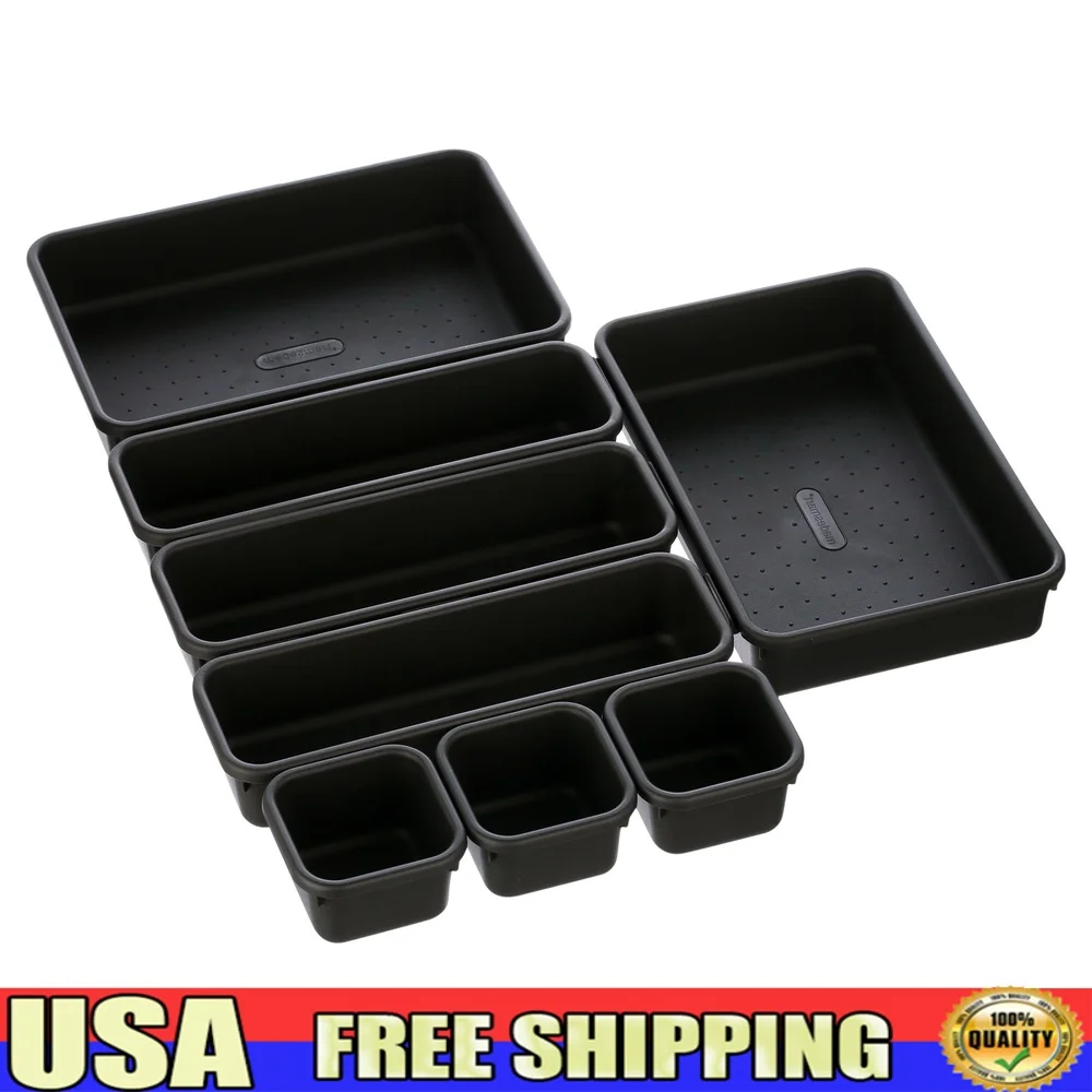 

8 Piece Drawer Organizer Storage Bin Set Office Bathroom Desk Multi-Purpose Interlocking Containers Easy Clean BPA-Free Plastic