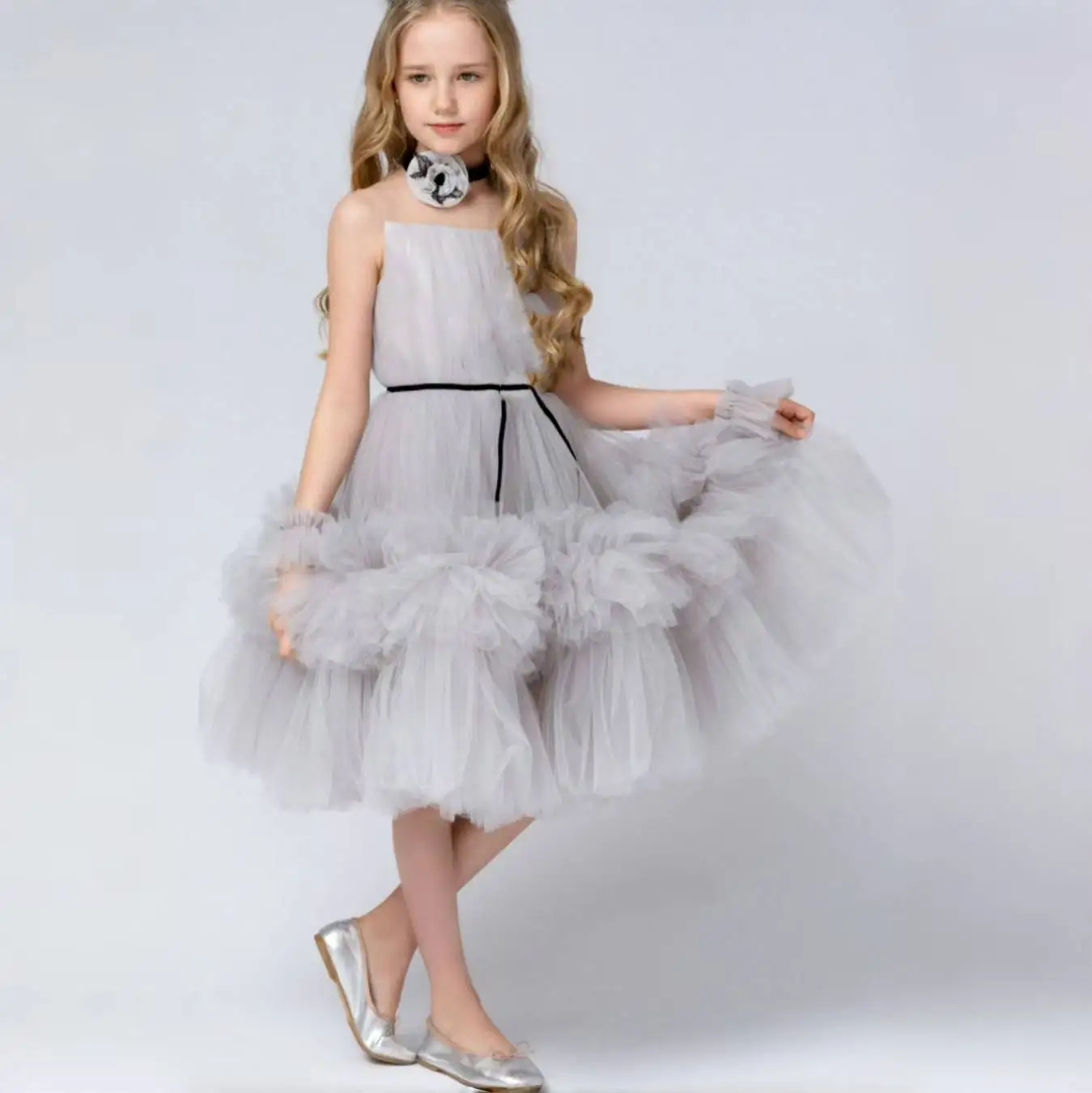 

Dreamy Vow Graceful A-Line Strapless Lace Tulle Gray Flower Girl Dress With Neckwear Wedding Birthday Evening Party Prom J867