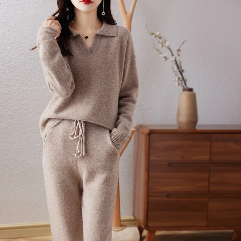 Fashion Loose Women\'s 100% Pure Wool Set New 2023 Long Sleeve Knitted Polo Pullover Sweater Long Wide Leg Pants Two Piece Wool