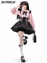 Sweet Japanese Pink Shirt Black Suspender Skirt Summer New Women Outfits Mine Puff Sleeves Ruffled Bow Lace-up Slim Skirt Sets