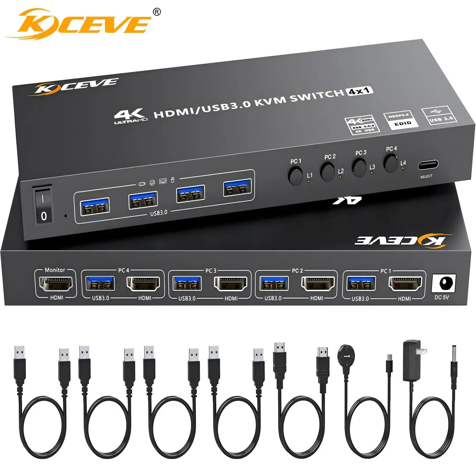 

HDMI KVM Switch 4 Computers 4K@60Hz,Simulation EDID,KCEVE 4 Port USB3.0 KVM Switches for 4 PC Share 1 Monitor Keyboard Mouse