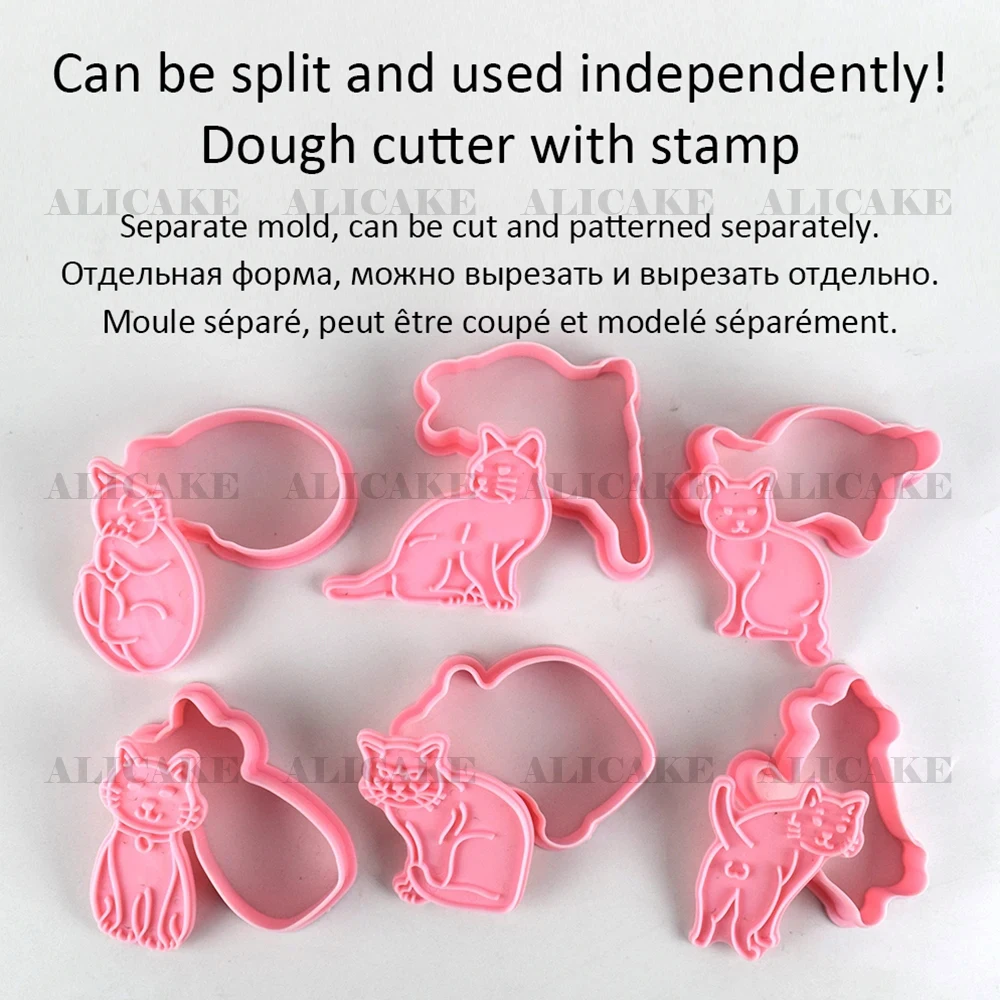 Cat Cookies Cutters Plastic Cartoon Pressable Biscuit Mold Pussy Confectionery Cookie Stamp Kitchen Baking Pastry Bakeware Tools