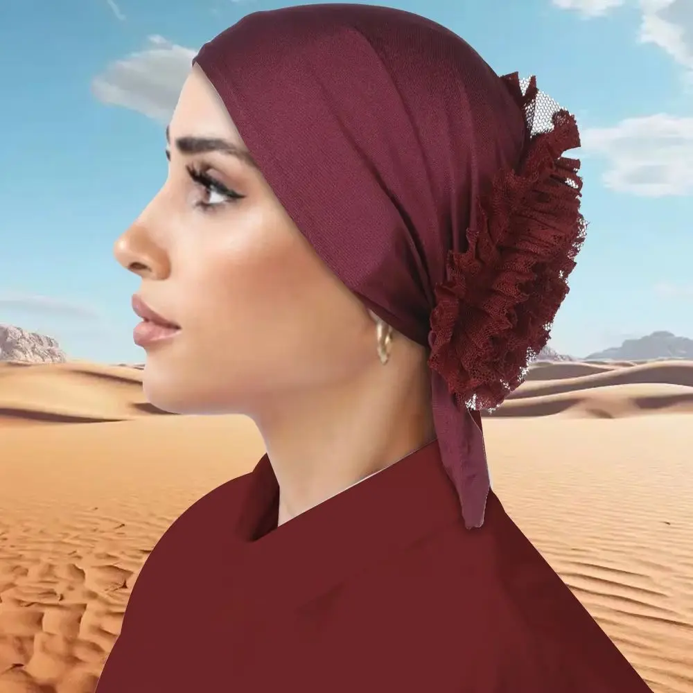 

New Muslim Underscarf Hijab Cap Lace Flower Turban Islamic Headwear Female Bonnet Beanies Bandage Women Head Wrap Turbante Mujer
