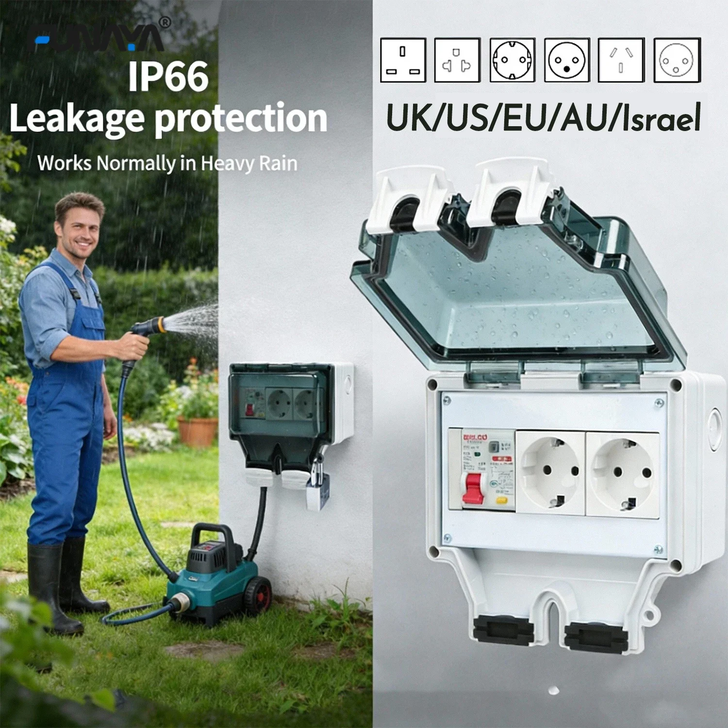 FUNAYA 16A Waterproof Sockets with Leakage Protection Circuit Breaker European EU KR Israel Plug 1 2 Outlets IP65 Surface