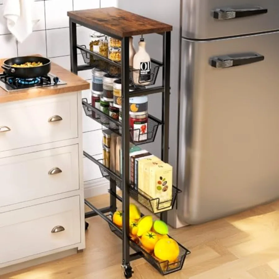 

Slim Storage Cart with Drawers 5Tier Slim Rolling Carts with Wheels Mobile Narrow Storage Trolley for Small Space Metal Utility