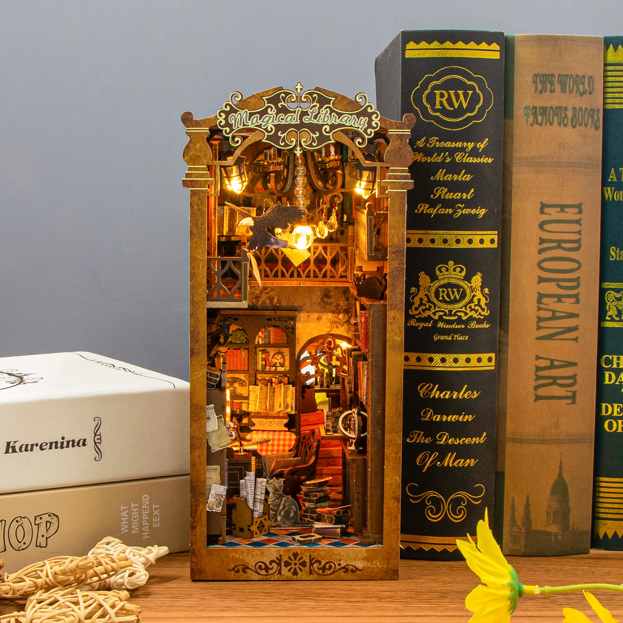 DIY Book Nook Shelf ใส่ชุด Magical Library ชั้นวางหนังสือไม้ Miniature ชุด Handmade Bookend สําหรับของขวัญวันเกิดเพื่อน