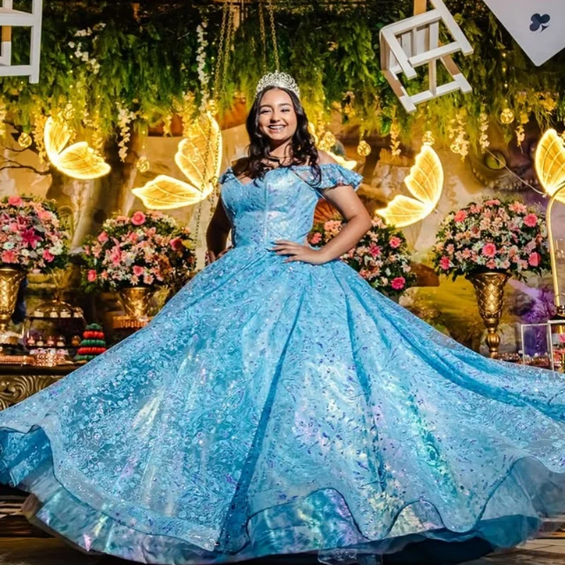Блестящее синее платье Quinceanera, кружевное тюлевое блестящее платье с длинным хвостом, платья de 15, Quinceanera ﻿ Индивидуальный