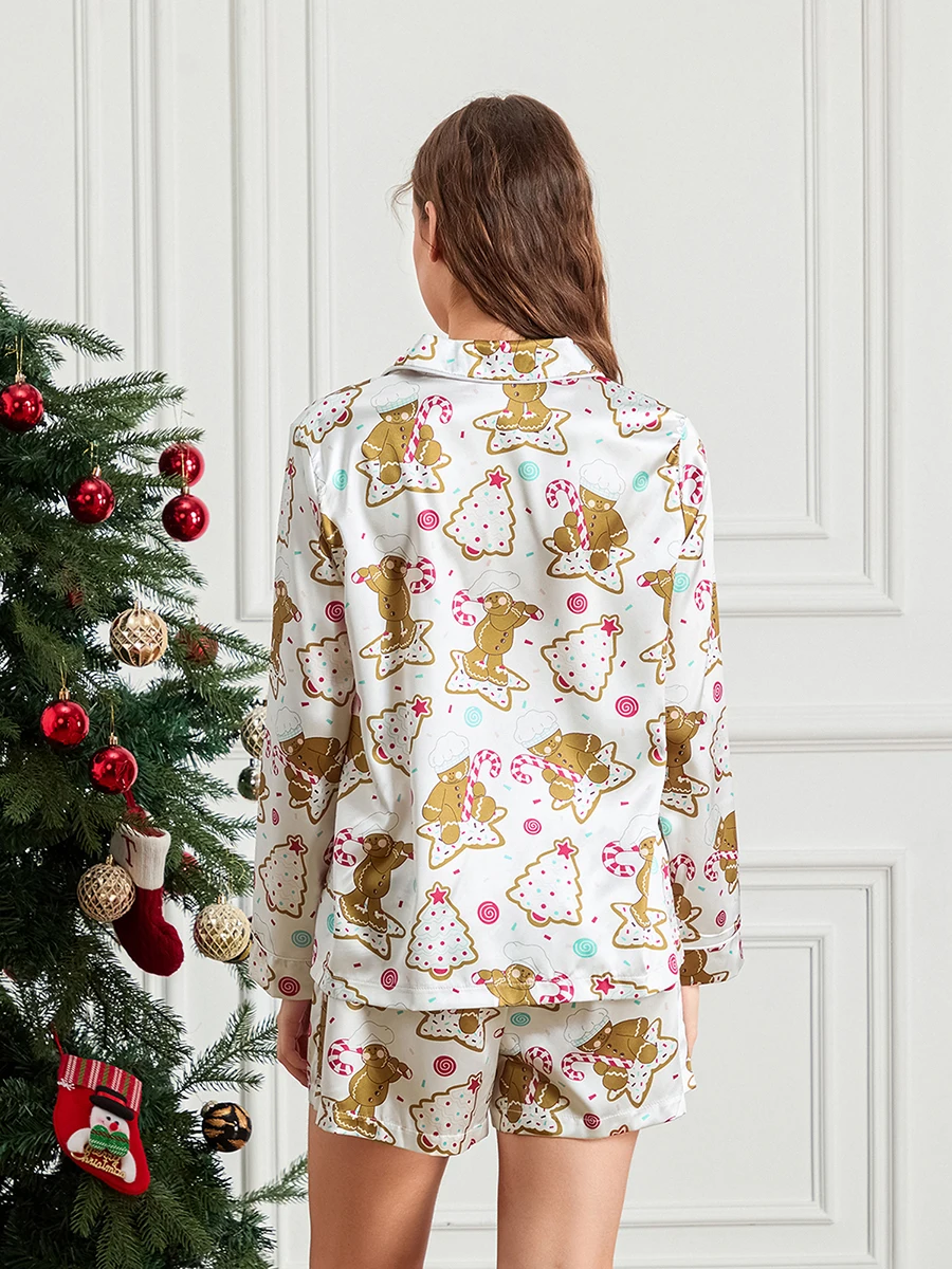 Women Christmas Satin Pajama Set Snowflake Print Long Sleeve Button-up Tops Elastic Waist Shorts 2 Piece Sleepwear Outfits with