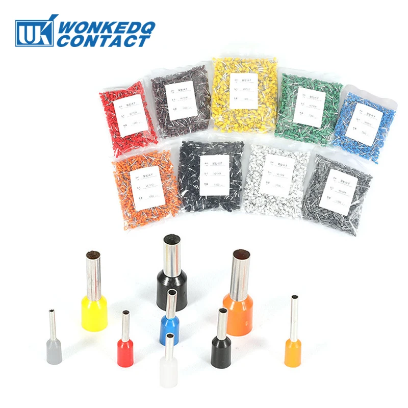 1000 szt. Tulejki miedziane izolowane końcówki przewodu złącza zaciskane 0,3 ~ 10 mm² 22-8 AWG zaciskane listwy zaciskowe E0508 ​​1008 1508