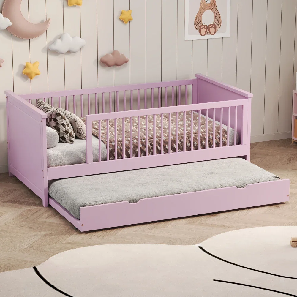 

4-in-1 Mini Wood Twin Size Platform Bed with Guardrail,Pink/White Children Bed for Girls From 4To 8 Years Princesse Bunk Beds US