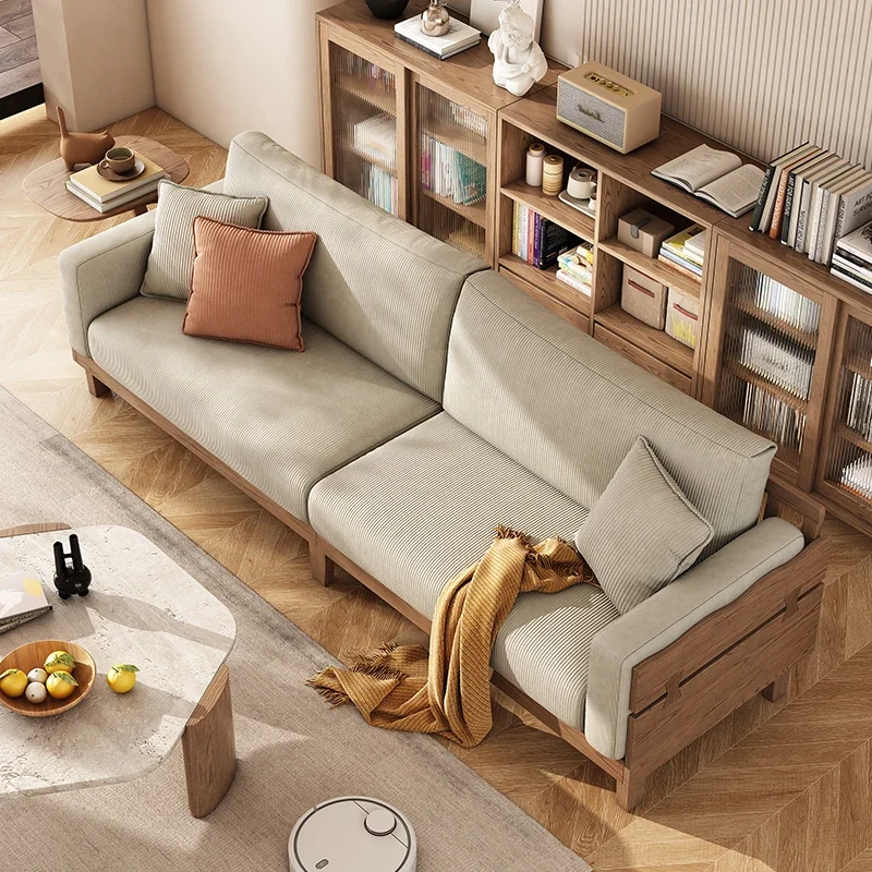 All solid wood sofa Nordic Japanese-style small apartment modern simple living room straight row three-person ash wood fabric