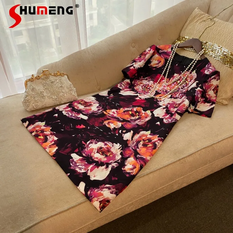 French Retro Printed Fashion High-End Belly Covering Slimming Heavy Industry Short Sleeve Vestidos Female Temperament 2024 Dress