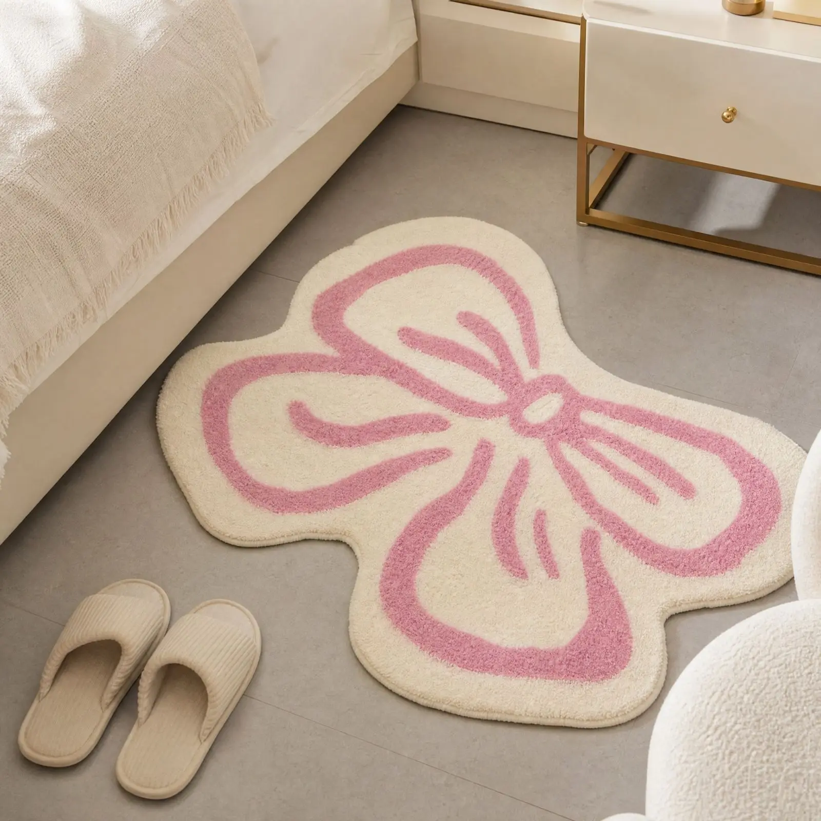 Cute Bowknot Rug Non Slip Wear Resistant Bedroom Window Sill Carpet Stain Resistant Easy Care Sweet Bedside Floor Mat