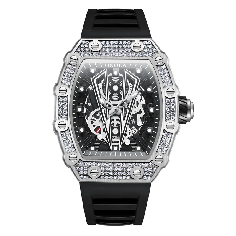 Montre-bracelet à quartz incrustée de diamants pour hommes, montres Seton Tonneau, montre-bracelet hip hop, sport Ice Out, horloge masculine de type caoutchouc, modules de connaissance chauds, luxe