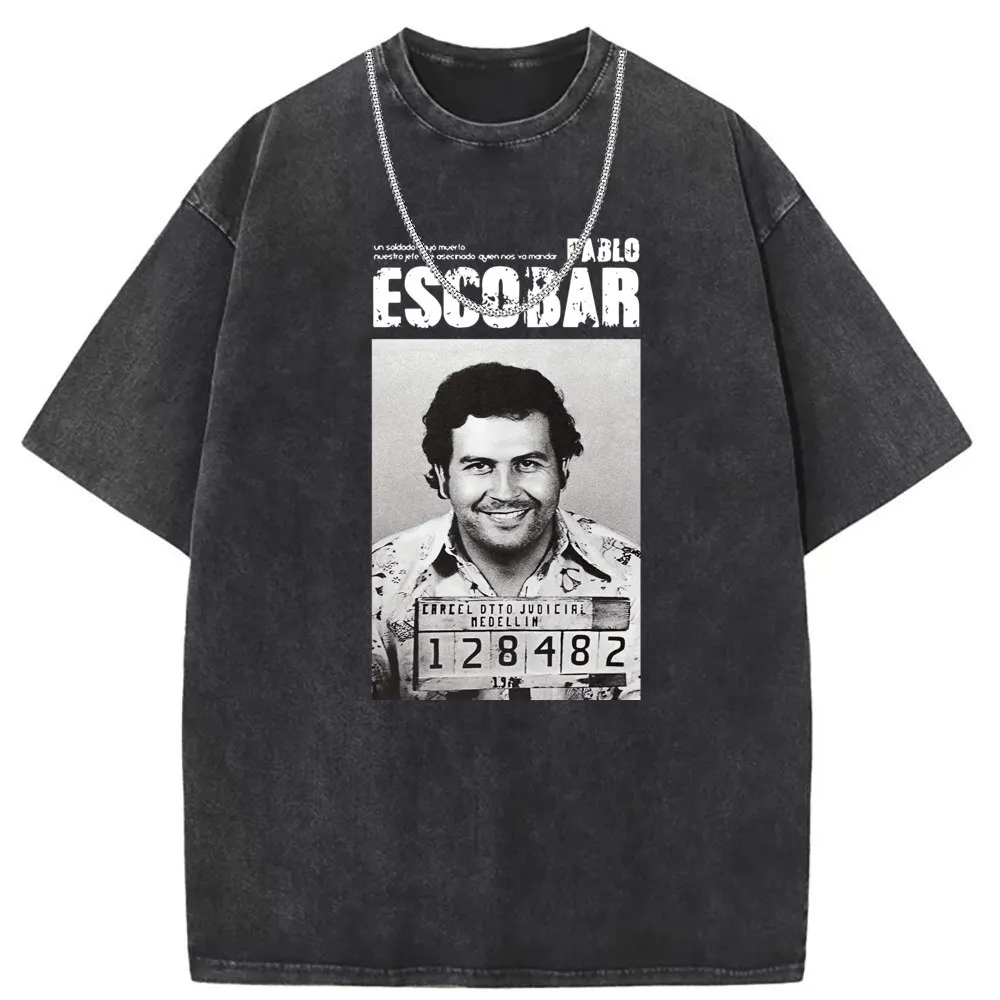 Pablo Escobar T Shirt for Men Retro Sweatshirts Long Sleeve Summer Slim Fit Mens Autumn Washed Tshirt Street Clothes