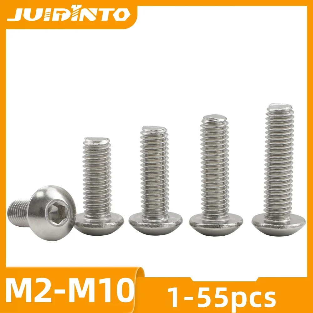 JUIDINTO 2-50pcs Hexagon Socket Button Head Screw Bolt Stainless Steel M2 M2.5 M3 M4 M5 M6 M8 Hex Allen Round Head Screw ISO7380