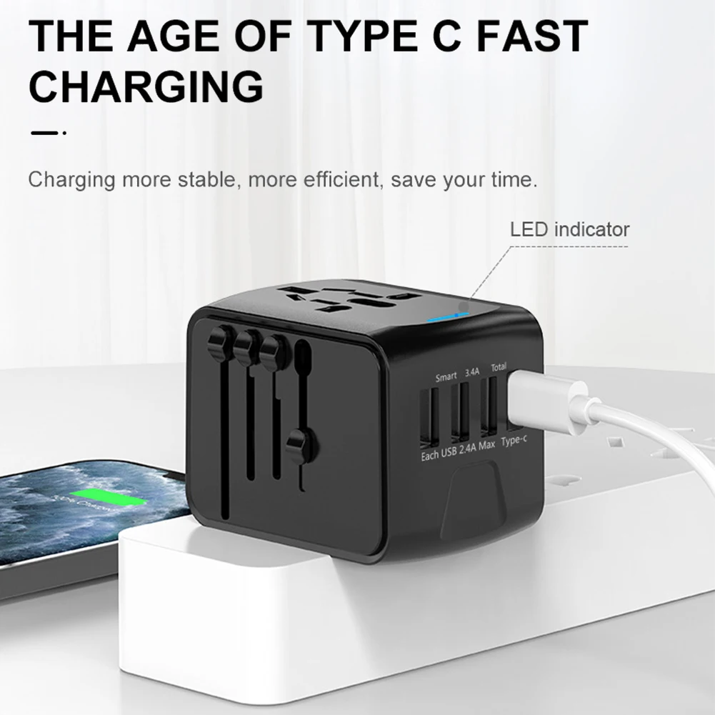 Power Adapter Charger Portable Socket Converter 100V-250V AC 3 USB and 1 Type C Ports for for USA EU UK AU Cell Phone Laptop