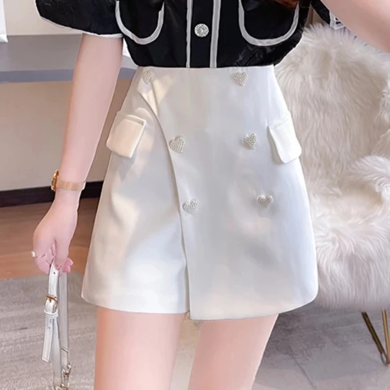 Elegant Office Lady Skirt Shorts Heart Button High Waist A-line Short Pants Spring Summer All Match Solid Streetwear