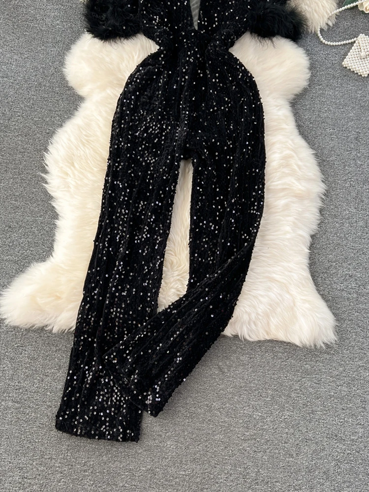 Women Off Shoulder Elegant Plush Spliced Sequins Top Light Luxury Temperament High Waist Wide Leg Pants Jumpsuit - Image 3