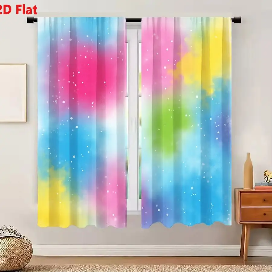 2Pcs Curtains 2D Flat Vibrant Abstract Cosmic Nebula Pastel Color Swirl Dreamy Ethereal Pattern White Star Dots Soothing Space A
