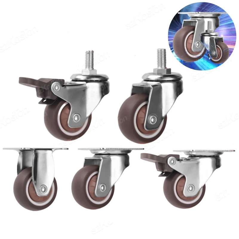 4Pcs 1/1.25/1.5/2 Inch Stem Threaded Furniture Casters Wheels Rubber 360 Degree Swivel Flat Bottom Castor Trolley with Brakes