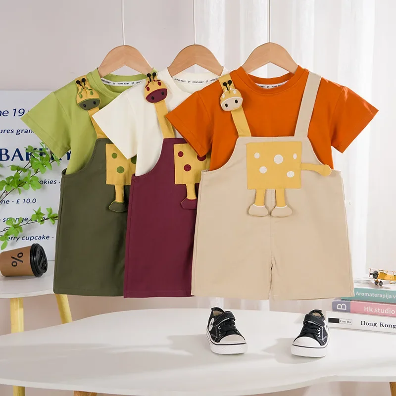 

New Summer Fashion Baby Clothes Children Boys Short Sleeved T-Shirt Overalls 2Pcs/Sets Kids Girls Clothing Infant Casual Costume