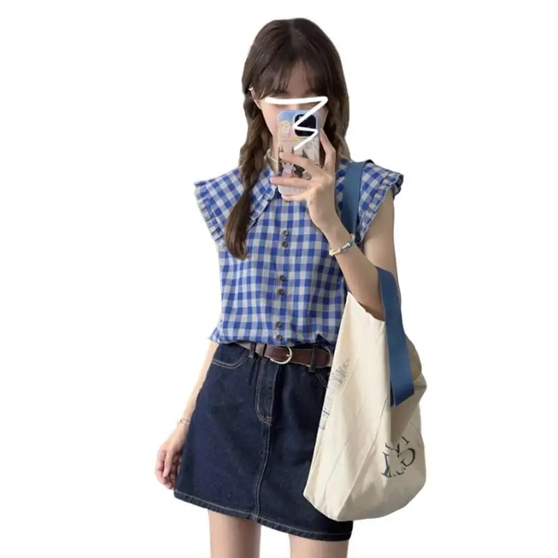 Korean Version Sweet Plaid Ruffle Edge Shirt Vest for Women\'s 2024 Summer New Gentle Age Reducing Slimming Outerwear Casual Top