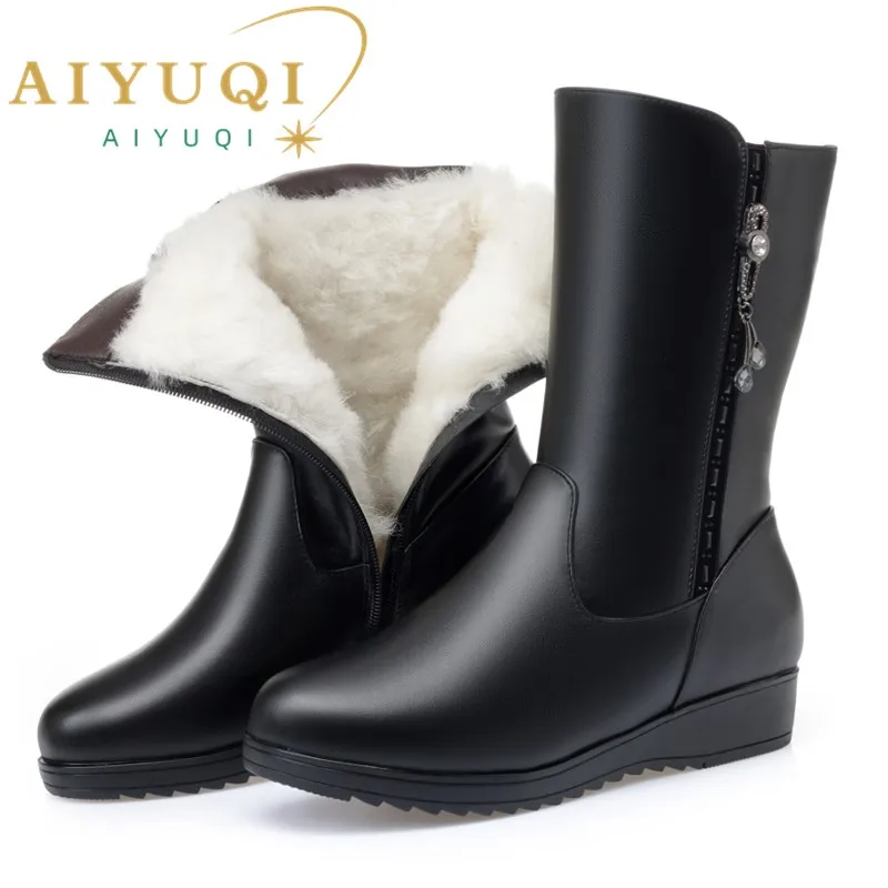 

AIYUQI Women Winter Boots Anti Slip 2025 New Genuine Leather Mom Snow Boots Women Wedge Large Size Wool Warm Women's Boots