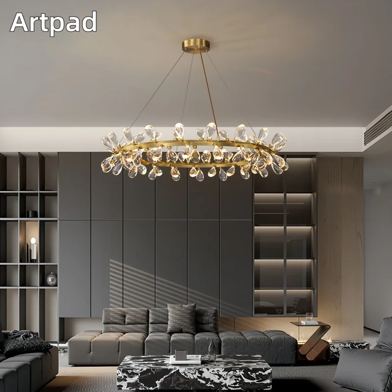 

Nordic Crystal Copper Pendant Light Luxury Round Chandelier for Living Room Dining Room Halls Villa Bedroom Led Hanging Lamp