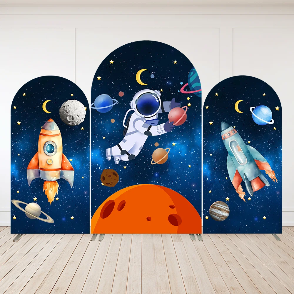 Navy Blue Space Astronaut Boy First Birthday Arched Wall Cover Planet Rockets Kids Baby Shower Photo Background Party Decor