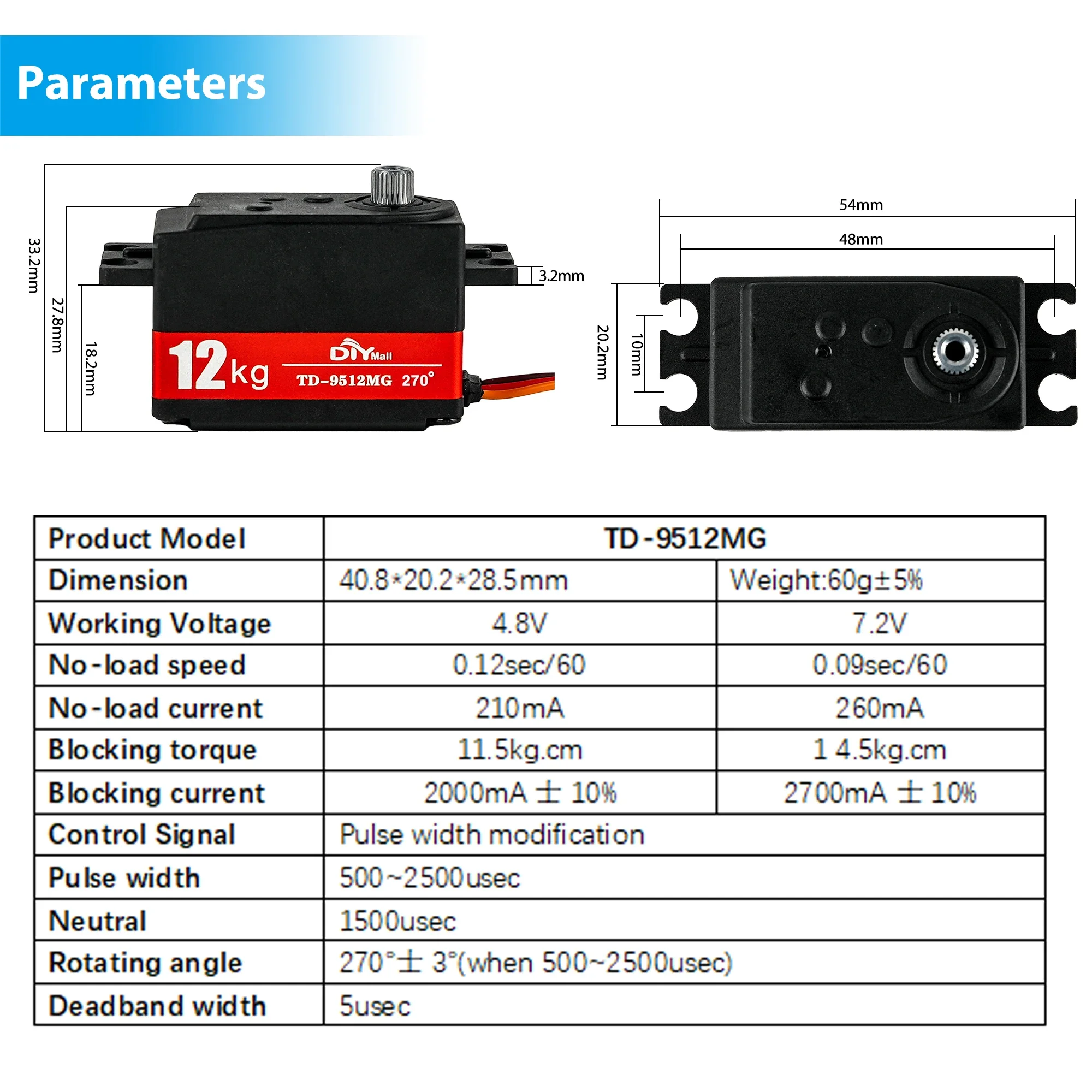 TD-9512MG Цифровой серводвигатель PWM 500-2500 12 кг Металлическая шестерня Большой крутящий момент Сервоприводы с коротким кузовом для радиоуправляемого автомобиля 1/8 1/10 1/12 DIY Игрушка-робот