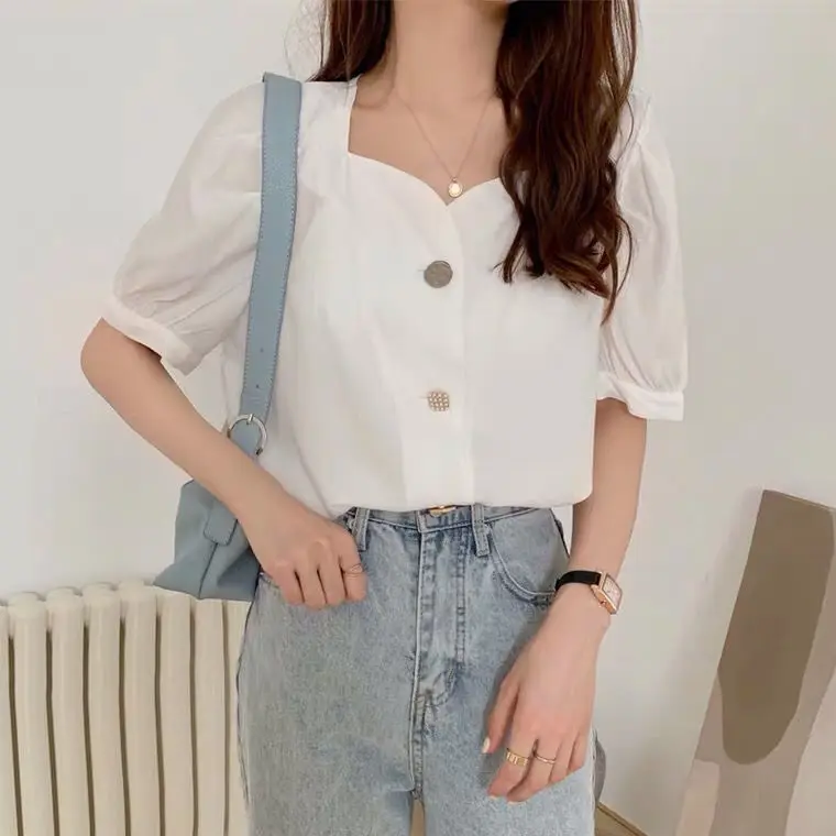 Chemises à manches courtes pour femmes, plis à pois, col licou, élastique, plage, froncée, Kimono en lin, Pouf, manches ballon, boutons rayés